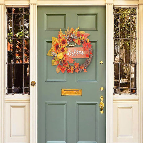 Maple Leaf Thanksgiving Vine Wreath with Sunflowers and Wooden Board-2