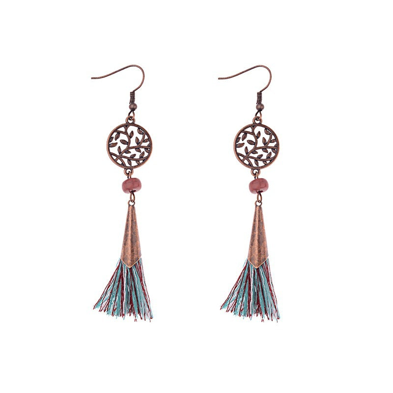 Literary Leaves Hollow Out Stitching Tassel Chinese Ethnic Style Earrings