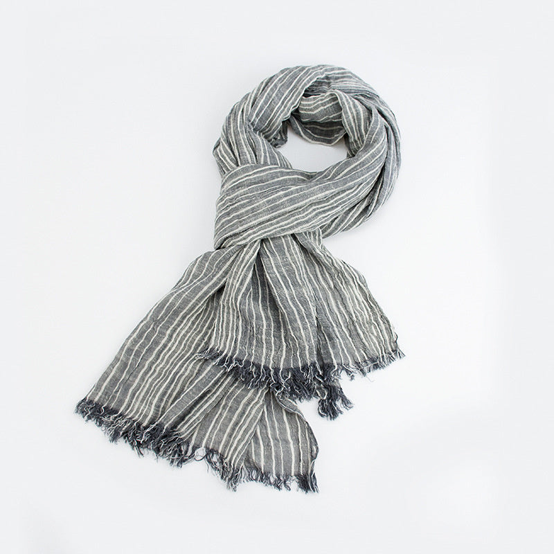 Cotton And Linen Scarf Chinese Literary Style Striped Fringed Drape