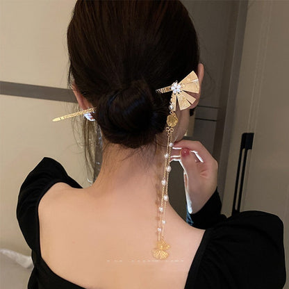 Chinese Wind Fan Flower Pearl Tassel Hairpin