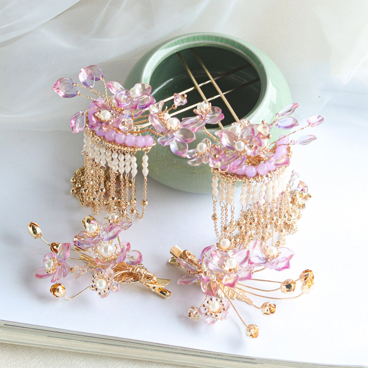 Pink Glazed Flower Xiuhe Clothing Tassel Hairpin Headwear-1