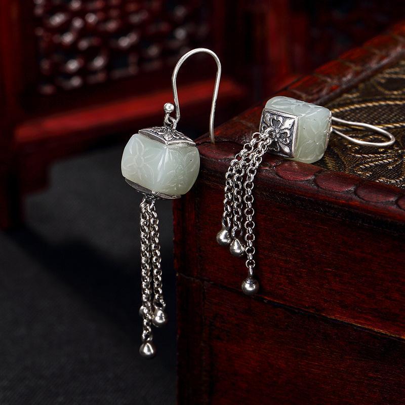 Inlaid Hetian Jade Linglan Pattern Long Earrings