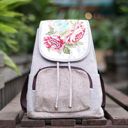 Women's Vintage Peony Flower Embroidery Cotton and Linen Backpacks-1