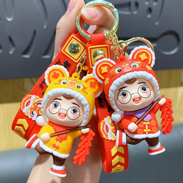 Chinese New Year Lantern Firecracker Cute Tiger Head Doll Keychain-1