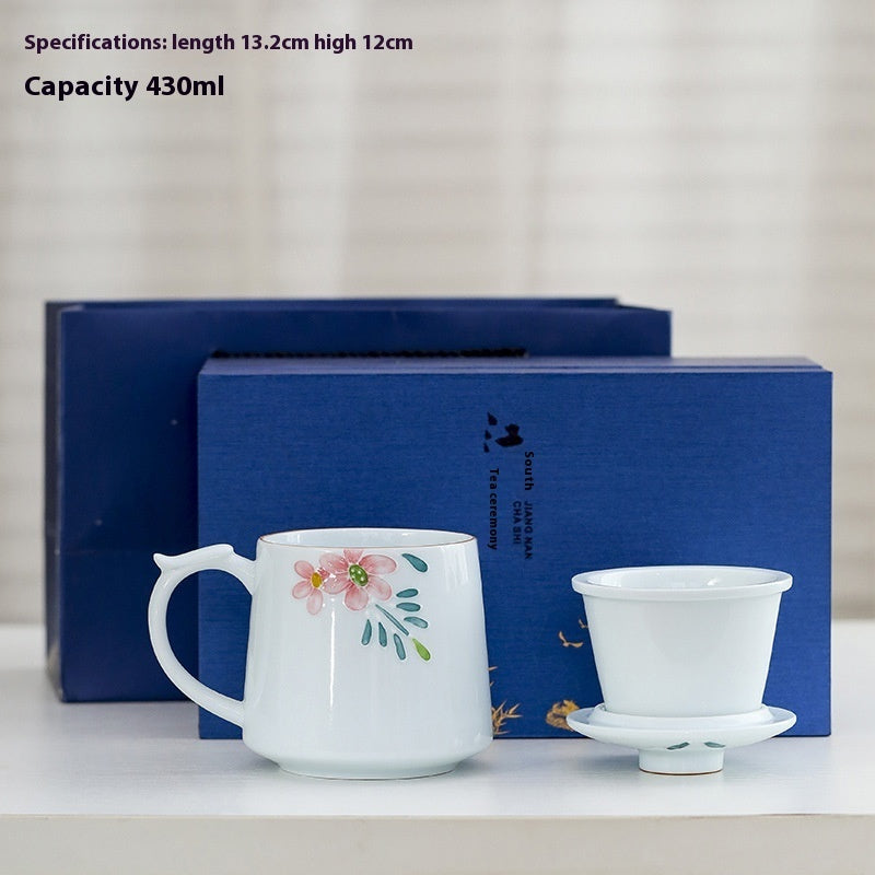 White Porcelain Celadon Household Hand-painted Filtered Tea Cup With Lid