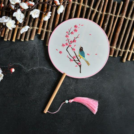 Plum Blossom Magpie Spring Color Embroidery Round Fan Photo Prop-1