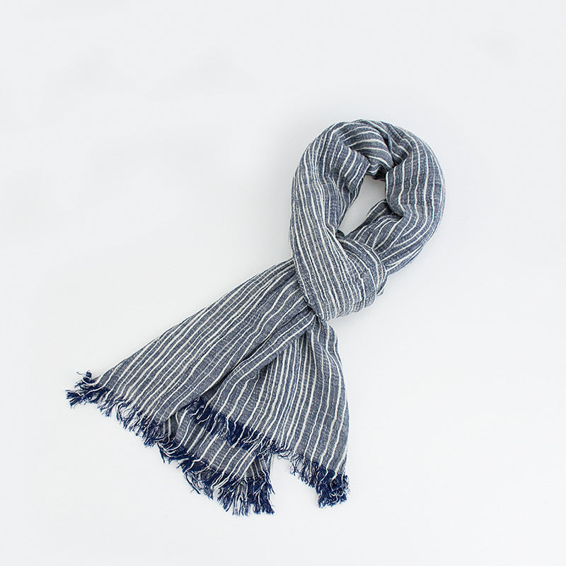 Cotton And Linen Scarf Chinese Literary Style Striped Fringed Drape