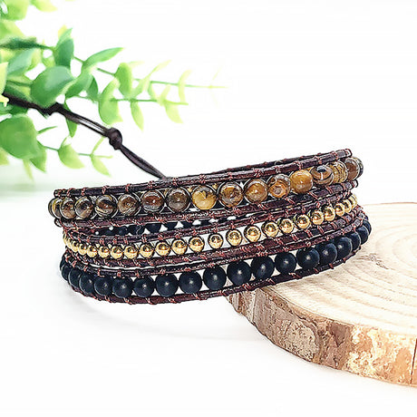 Tiger Eye Wrap Bracelet Triple Layer Boho Natural Stone Bracelet-2