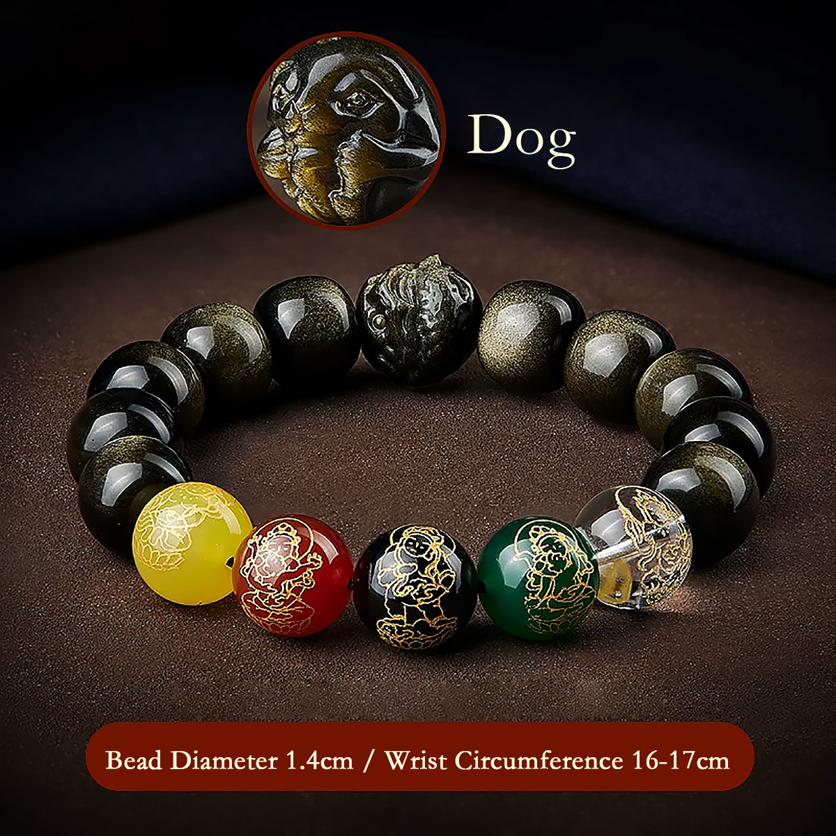 Five Gods of Wealth Lucky Beads Bracelet Zodiac Gold Obsidian Handheld Rosary-12