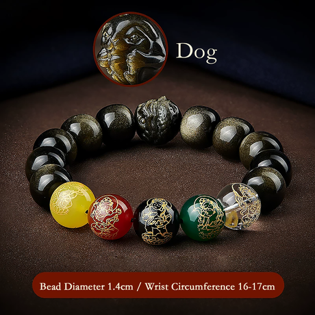 Five Gods of Wealth Lucky Beads Bracelet Zodiac Gold Obsidian Handheld Rosary-12