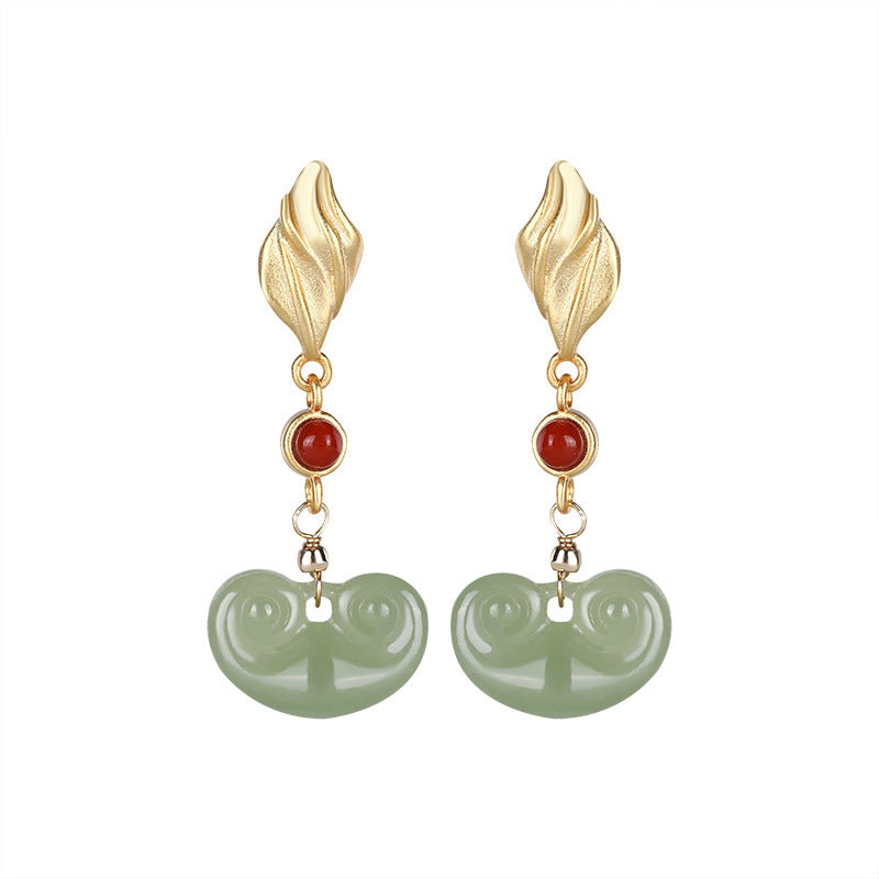 Gold-plated Inlaid Hetian Gray Jade Earrings Personality Southern Red