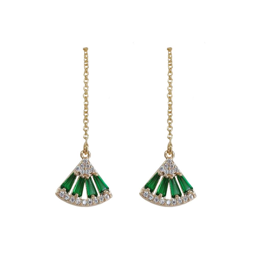 Women's Emerald Fan-Shaped White Stone Pearl Long Earrings-1