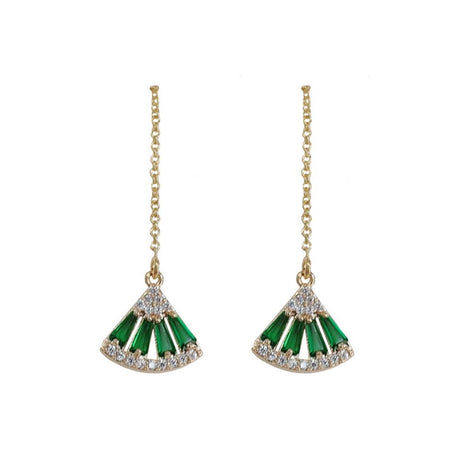Women's Emerald Fan-Shaped White Stone Pearl Long Earrings-1