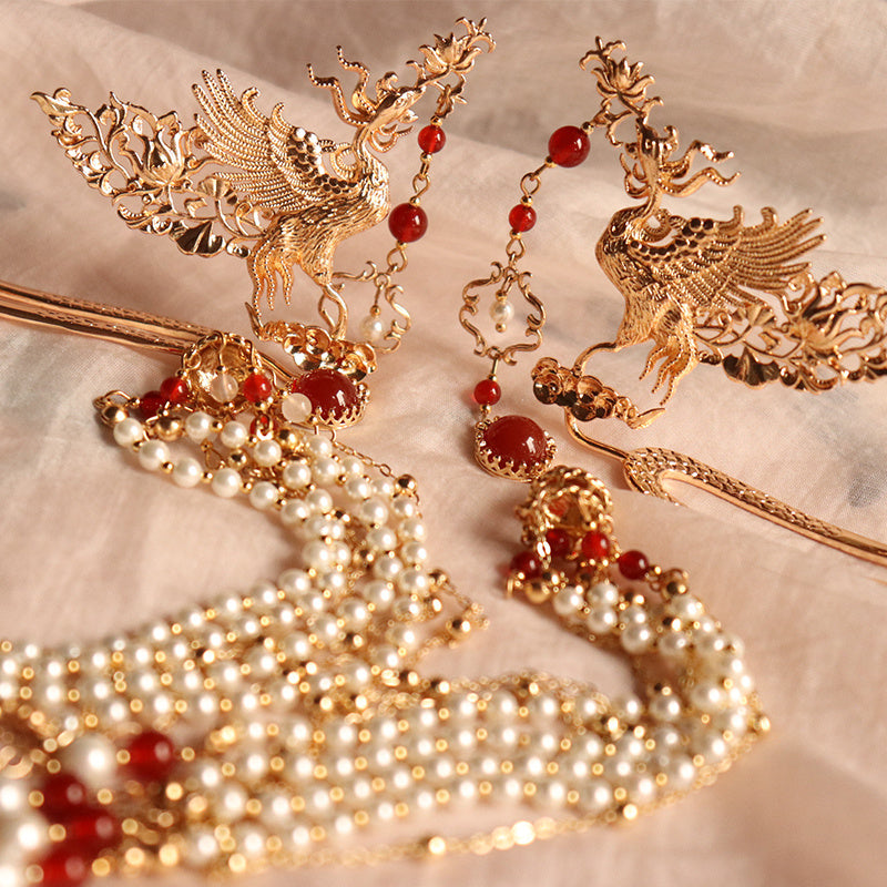 Gorgeous Archaistic Ancient Costume Pearl Tassel Phoenix Hairpin Hairpin Hairpin