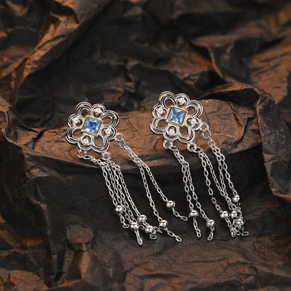 Chinese Knot Blue Zircon Stud Versatile Personality Lace Texture Earrings