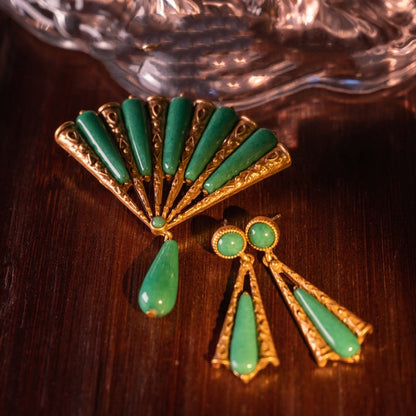 Medieval Vintage Emerald Fan-Shaped Brooch and Earring Set-1