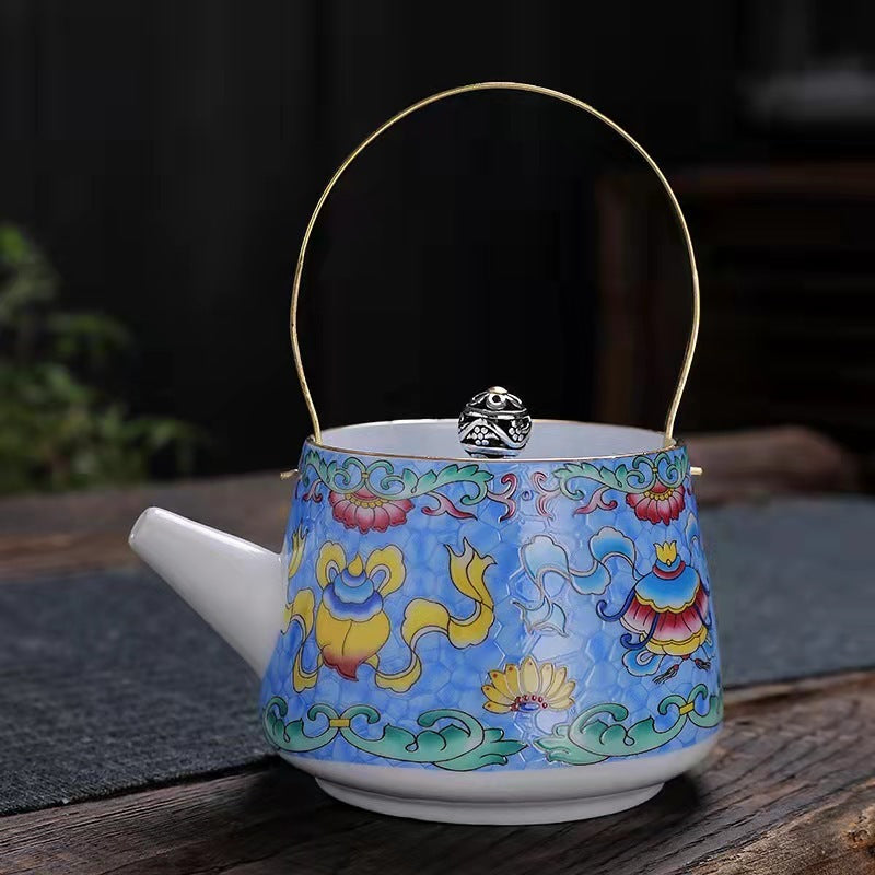 Enamel Painted Teapot Vintage Household Peony Ring Handle Teapot