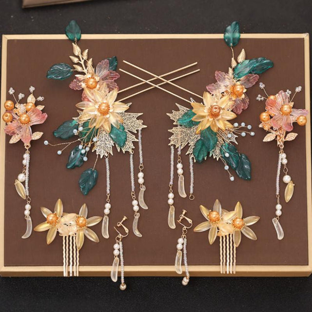 Chinese Wedding Bridal Headwear Flower Step Swinging Hairpin-1