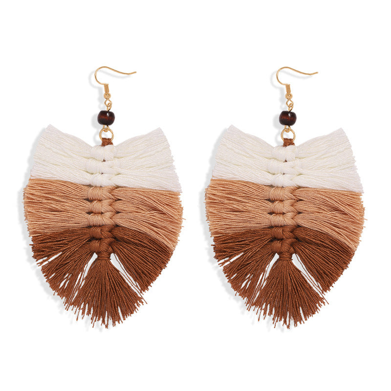 Handmade Gradient Tassel Earrings Leaf Shape Ethnic Style Earrings Exotic Earrings