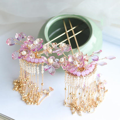 Pink Glazed Flower Xiuhe Clothing Tassel Hairpin Headwear-3