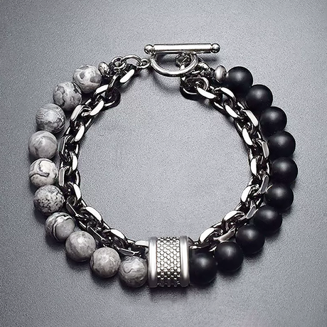 Men’s Titanium Steel Double Bracelet Natural Stone Beaded Chain-5