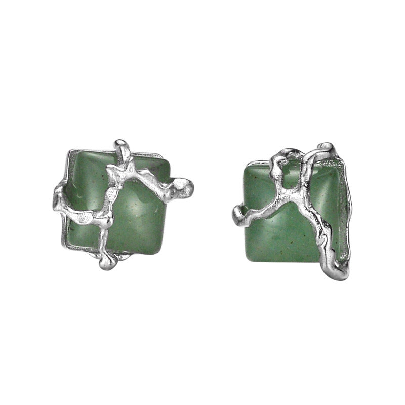 New Chinese Style Simple S925 Silver Square Bead Green Aventurine Earrings