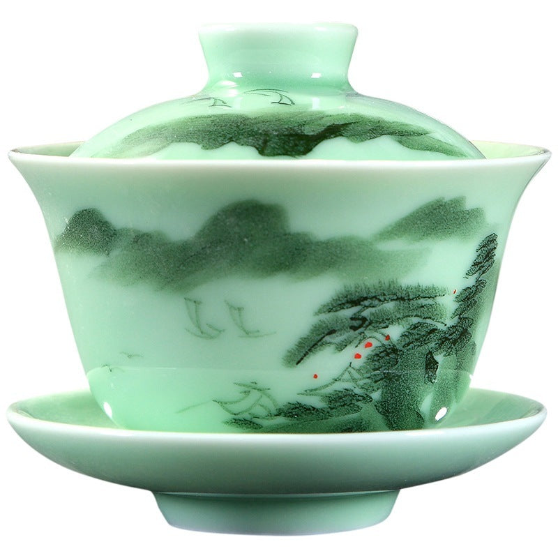 Hand Painted Celadon Kung Fu Tea Set Suit Tea Bowl Tureen