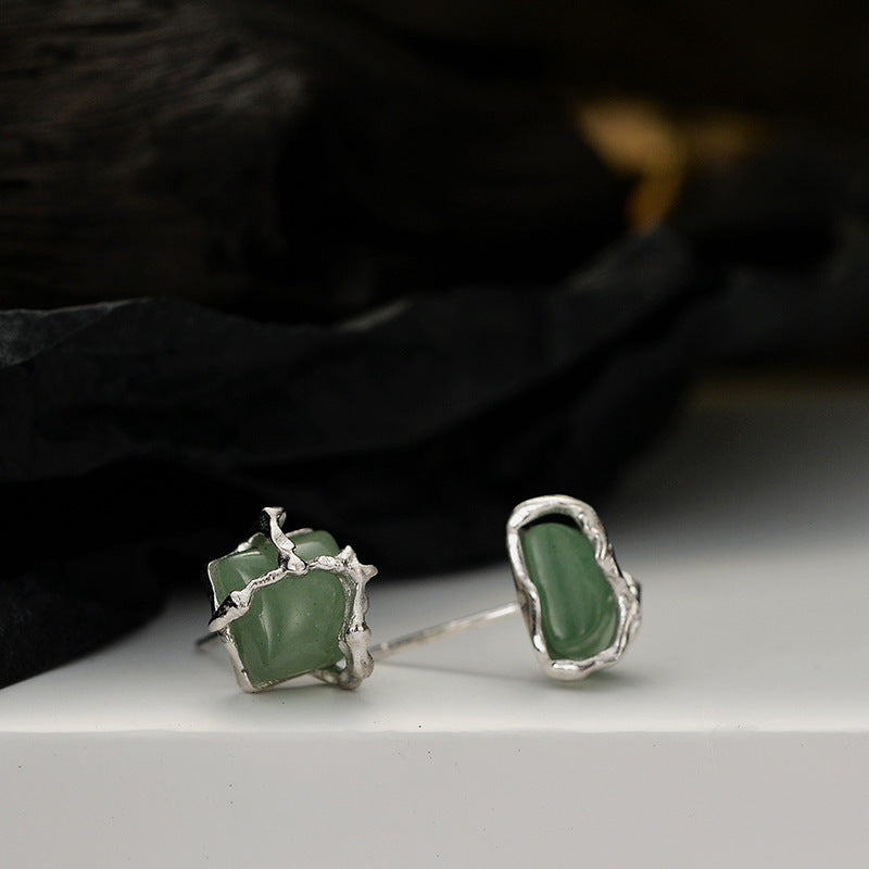 New Chinese Style Simple S925 Silver Square Bead Green Aventurine Earrings