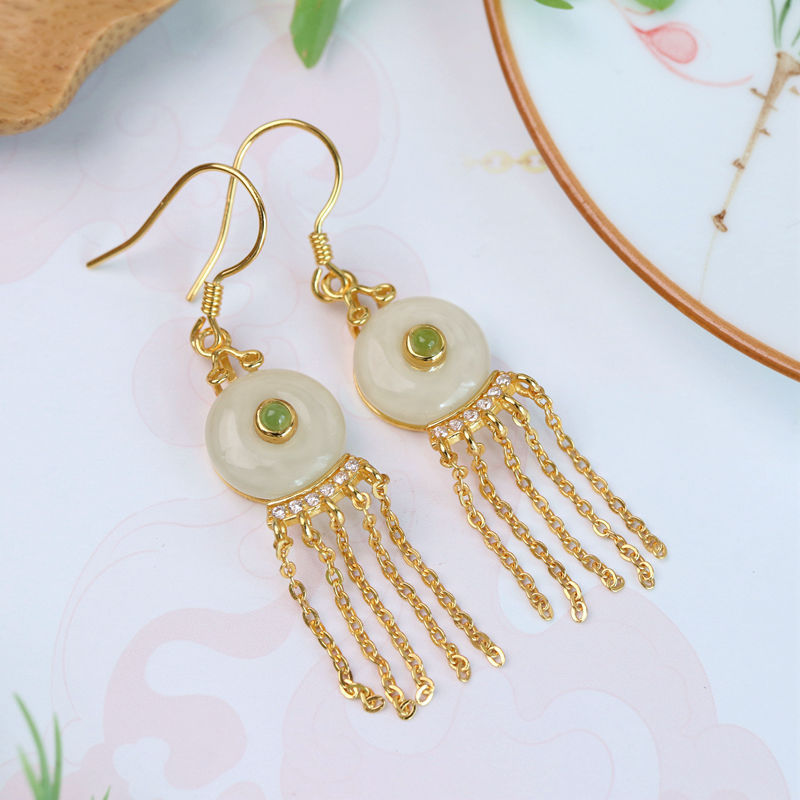 Women's Hetian Jade Ping An Buckle Tassel Earrings