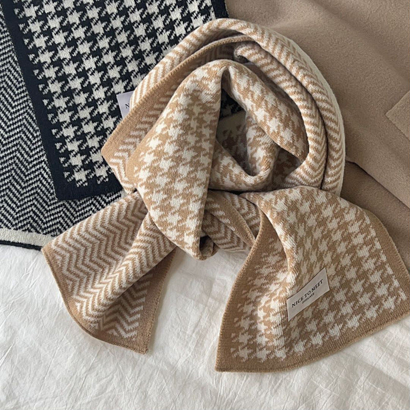 Houndstooth and Wave Pattern Print Scarf Winter Fashion Versatile Knitted Woolen Scarf