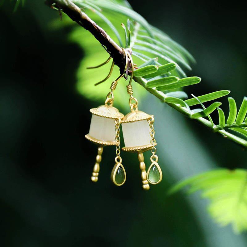 Natural Hetian Jade Prayer Wheel Earrings Silver