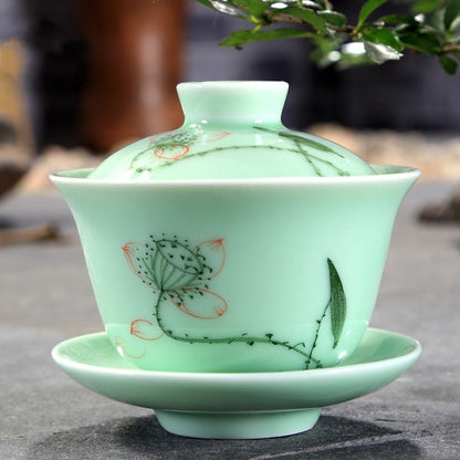 Hand Painted Celadon Kung Fu Tea Set Suit Tea Bowl Tureen