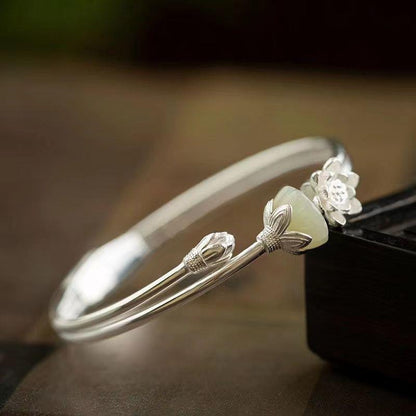 Pure Silver Natural Hetian Spring Fastener Lotus Bracelet