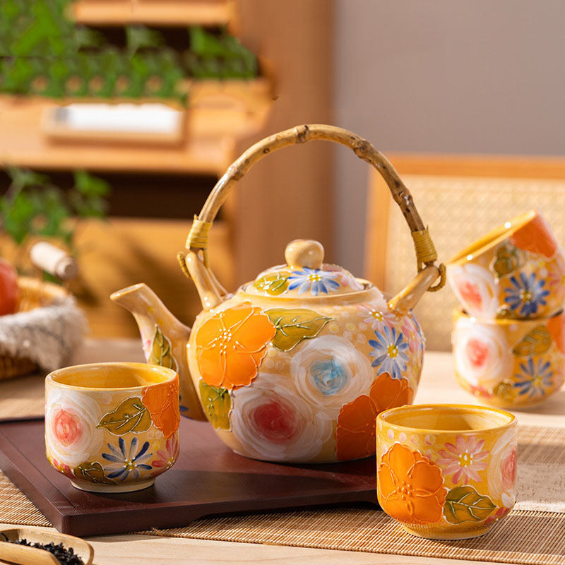 Aesthetic Ceramic Teapot Hand Painted Sunset Orange Underglaze Tea Cup Tea Set-1
