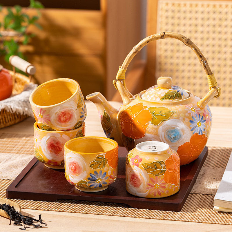 Aesthetic Ceramic Teapot Hand Painted Sunset Orange Underglaze Tea Cup Tea Set-8