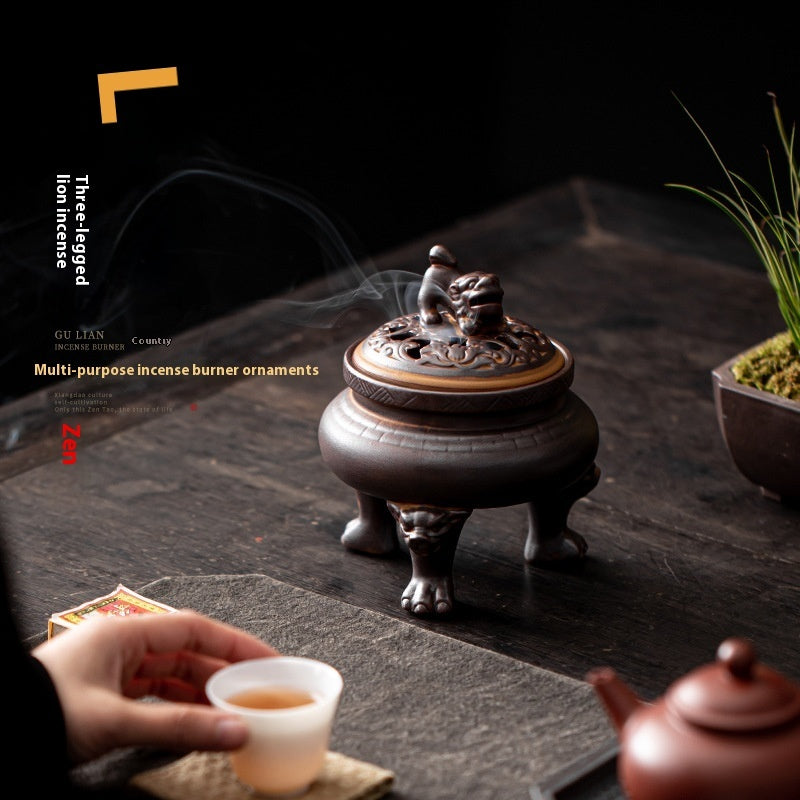 Antique ceramic incense burner with tripod lion base