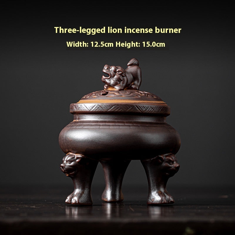 Antique ceramic incense burner with tripod lion base