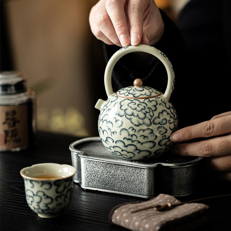 Black Tea Teapot Chinese Ru Porcelain Auspicious Cloud Lifting Beam Teapot-1