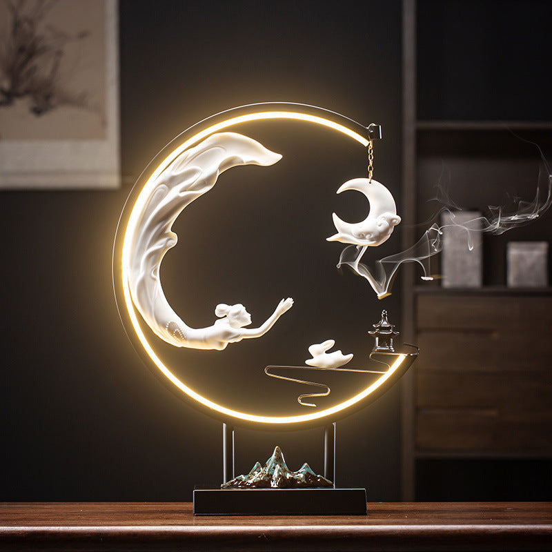 Chang'e Flying to the Moon Ceramic Incense Burner LED Lamp Decoration-1
