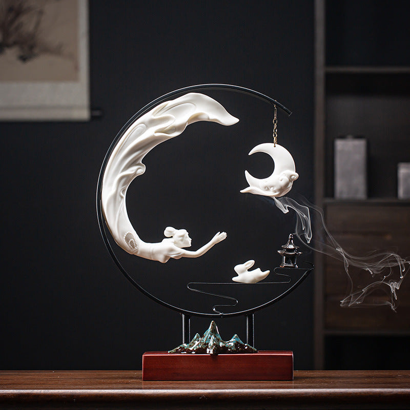 Chang'e Flying to the Moon Ceramic Incense Burner LED Lamp Decoration-4