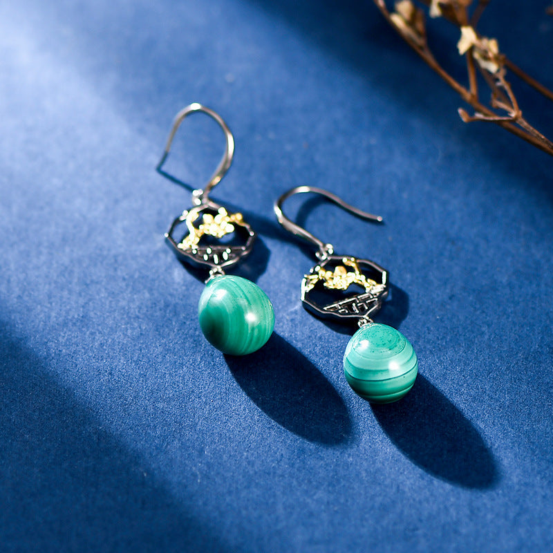 Chinese Ancient Style Window Plum Malachite Earrings-3