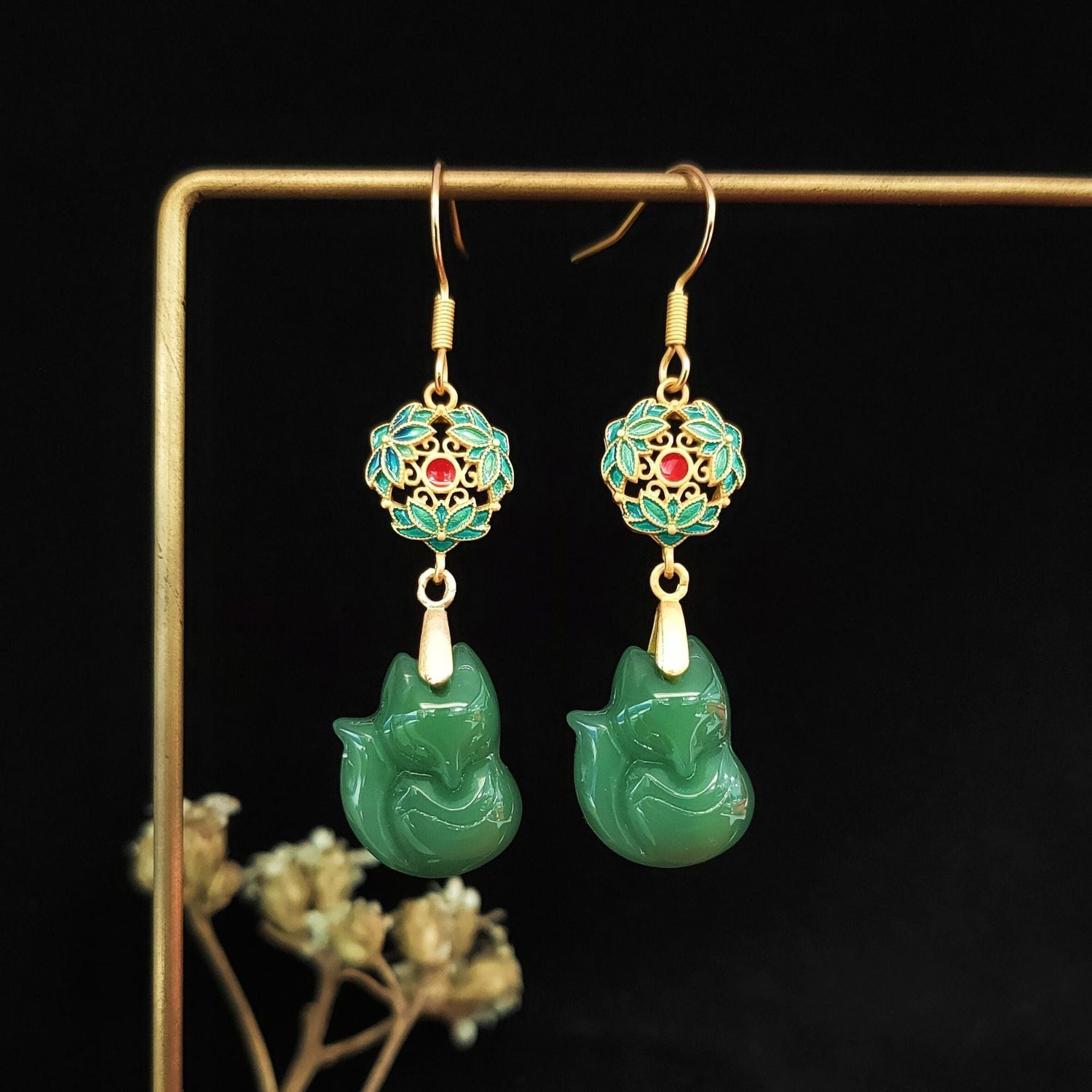 Chinese Style Fox Chalcedony With Ancient Style Earrings-2