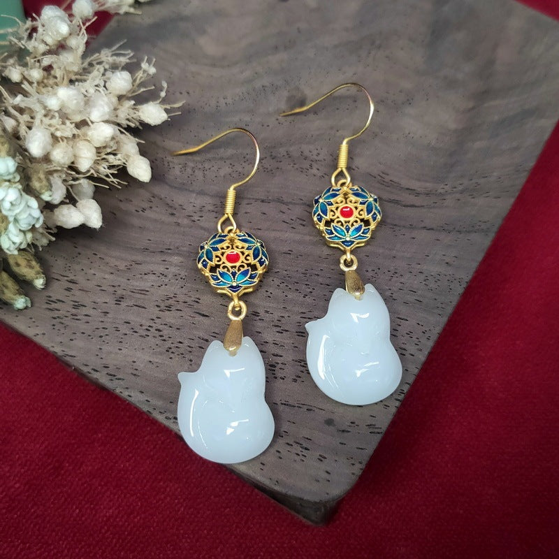 Chinese Style Fox Chalcedony With Ancient Style Earrings-3