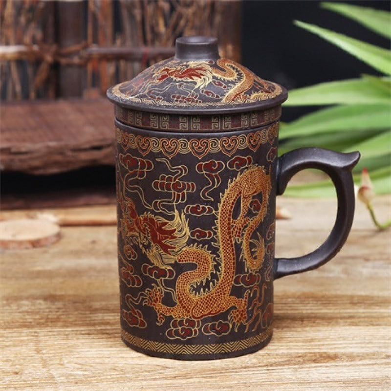 Chinese Style Majestic Dragon Purple Clay Teacup with Tea Strainer-1