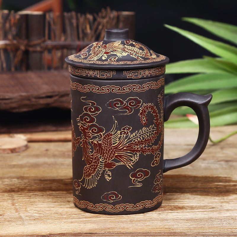 Chinese Style Majestic Dragon Purple Clay Teacup with Tea Strainer-4