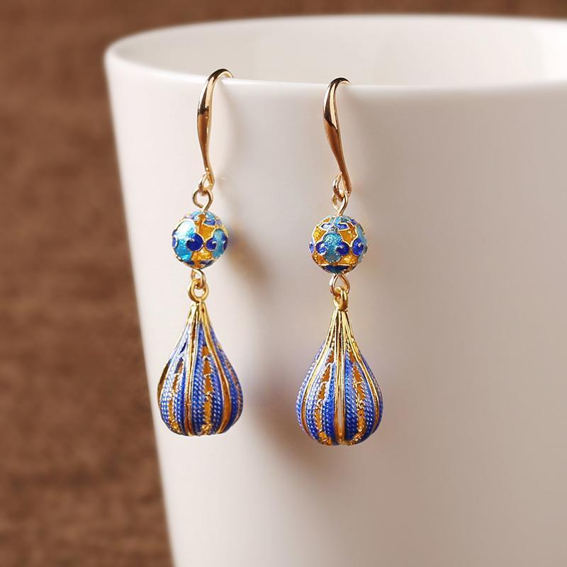 Cloisonne Ancient Style Temperament Droplet Shape Earrings-1