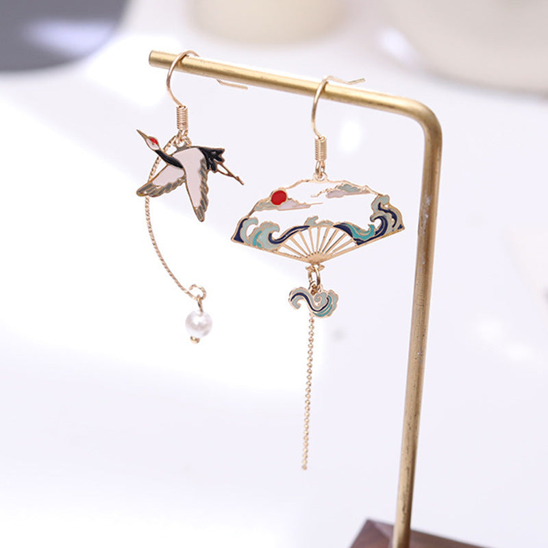 Creative Crane Ancient Fan Asymmetrical Long Earrings-1