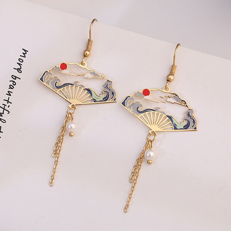 Creative Crane Ancient Fan Asymmetrical Long Earrings-5