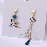 Creative Crane Ancient Fan Asymmetrical Long Earrings-6