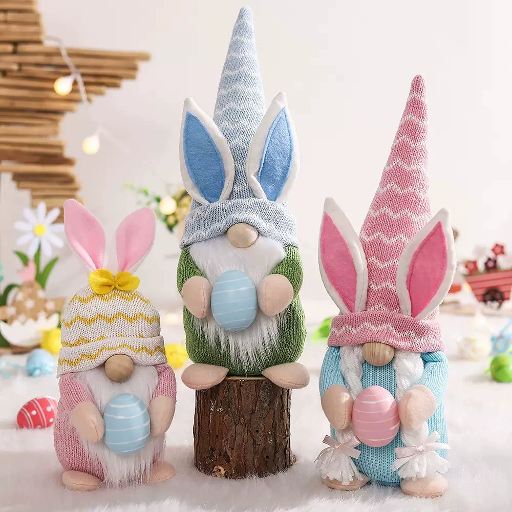 Easter Bunny Figurines Ornament Holding Easter Egg Doll Theme Party Decorations-1